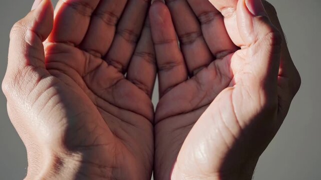 Cupped Hands Empty Palm Closeup Showing Elderly Hands Bathed In Soft Light, Detailed Wrinkles And Skin Texture, Gentle Gesture Of Offering, Minimalist Neutral Background, Calm Hopeful Mood
