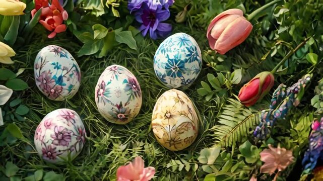 Easter eggs in a garden setting, surrounded by various flowers and greenery, created with generative ai