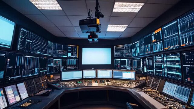 Advanced control room handling complex data operations, featuring numerous screens displaying real time information and interactive interfaces for management