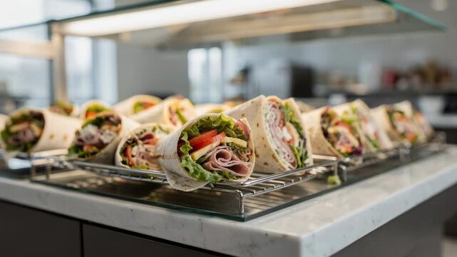 Medium shot portraying a cafeteria island with a variety of sandwich wraps visible in display racks one wrap vividly in focus and the rest gently blurred.