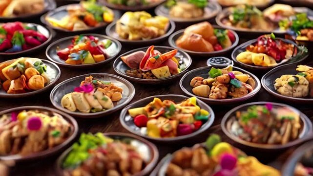 an array of small plates filled with colorful food items, including garnishes and sauces, created with generative ai