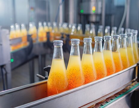 Passion Fruit Juice Bottles on Industrial Factory Conveyor Belt