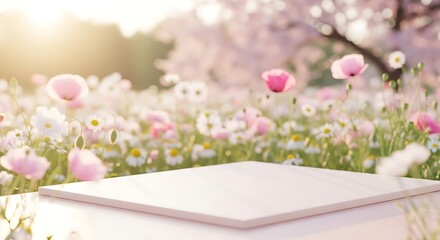 Pink marble slab on white surface in field of flowers with tree and sunny sky