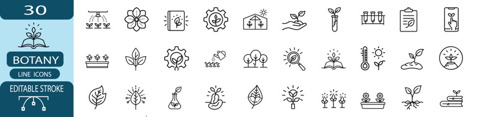 Botany and plant science line icon set, agricultural research and greenhouse symbol, nature biology and more vector illustration with editable stroke. © Purnima
