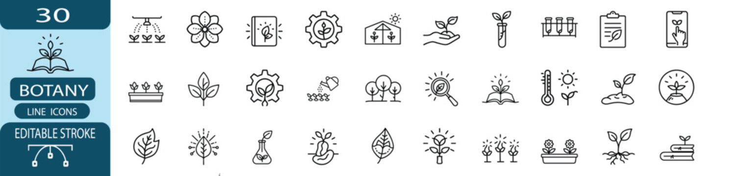 Botany and plant science line icon set, agricultural research and greenhouse symbol, nature biology and more vector illustration with editable stroke.