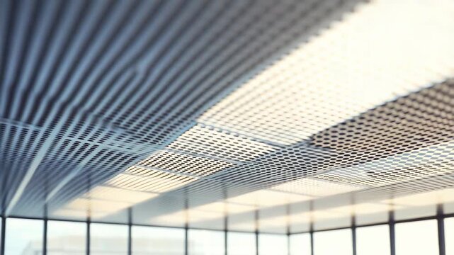 Perforated metal ceiling panels with geometric dot grid and light reflections, creating a minimalist, futuristic abstract texture and rhythmic pattern in a modern interior
