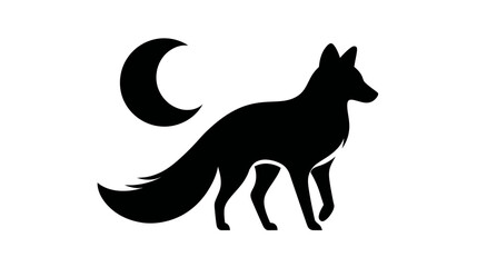 A black silhouette illustration of a fox with a crescent moon on a white background