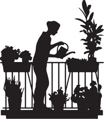 Silhouette of person watering plants on a balcony with potted plants 2