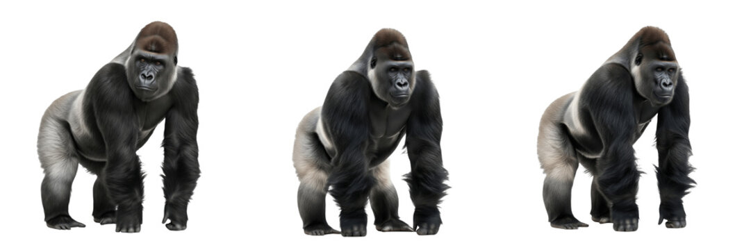 Eastern lowland gorilla isolated on white background, Gorilla beringei graueri full body standing pose, African great ape, tropical forest primate, endangered wildlife, realistic stock photography