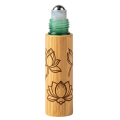 Bamboo essential oil roller bottle with lotus design on transparent