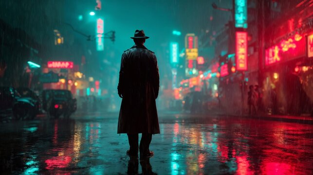 Detective In Fedora Standing In Rainy Futuristic Neon City Street