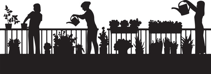 Obraz premium Silhouettes of people gardening on a balcony with plants