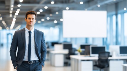 Obraz premium Confident and successful businessman standing in a modern, bright office space