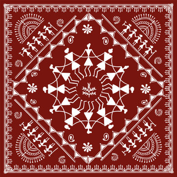 Warli peynting - hand drawn traditional the ancient tribal art India. Pictorial language is matched by a rudimentary technique depicting rural life of the inhabitants of India