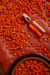 ripe sea buckthorn  branch  with berries and  sea buckthorn oil on orange background. close up. flat lay