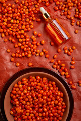 ripe sea buckthorn  branch  with berries and  sea buckthorn oil on orange background. close up. flat lay