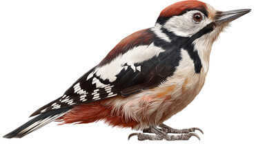Detailed Great Spotted Woodpecker bird with red crown and black white markings isolated on a transparent background