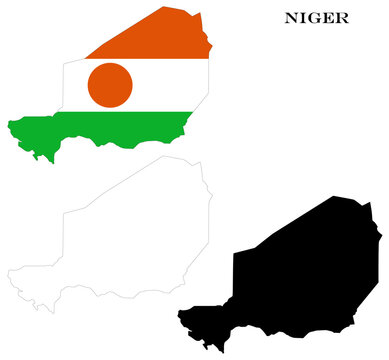 Niger Country Maps Bundle with National Flag, Black Silhouette and Detailed Outline Contours