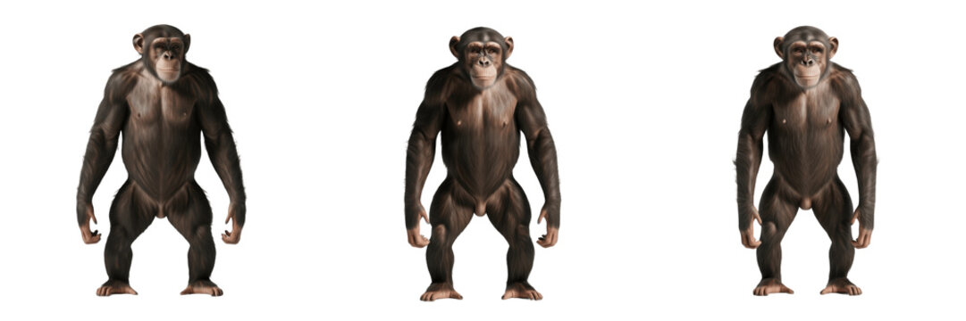 Adult female chimpanzee isolated on white background, Pan troglodytes full body standing pose, African great ape, Central Africa primate, female primate, wildlife photography, realistic stock image