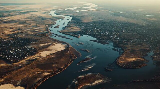 Aerial view capturing a wide river winding through a vast rural floodplain, surrounded by scattered small settlements and agricultural fields under a clear sky