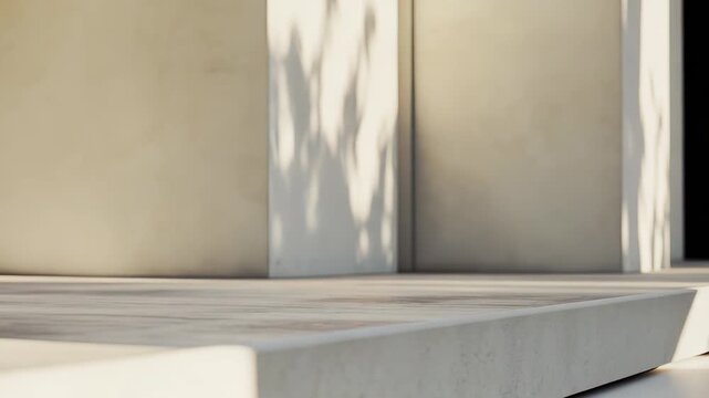 Minimalist modern architecture featuring a concrete wall and floor, illuminated by bright sunlight creating strong geometric shadows and abstract organic patterns from nearby foliage