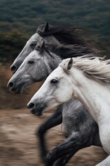 Three graceful horses running freely in nature