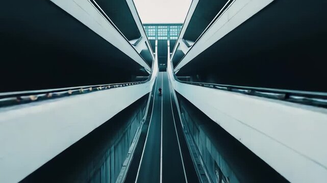 Modern urban architecture showcasing raw concrete structures and multi level elevated roads, creating a strong sense of symmetry and futuristic design with a lone individual in the frame