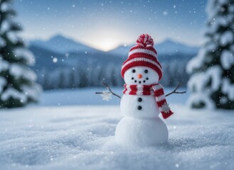 Obraz premium Cheerful snowman with red & white hat and scarf, in a snowy landscape with mountains