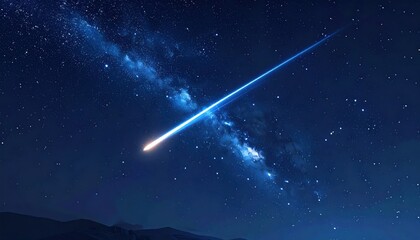 Naklejka premium Bright meteor streaking across deep blue night sky with Milky Way galaxy and stars astronomy space shooting