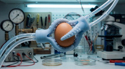 Soft robotic silicone gripper holding raw egg without breaking in research laboratory