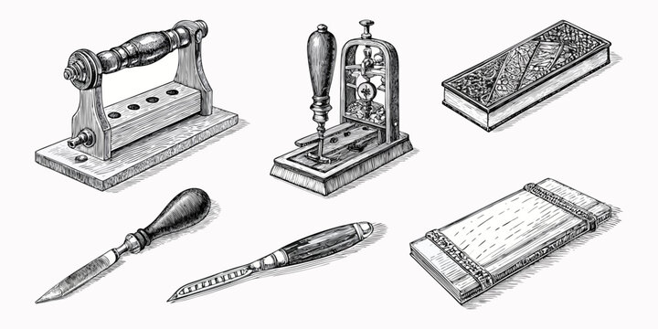 Vintage engraving of bookbinding tools with detailed black-and-white shading