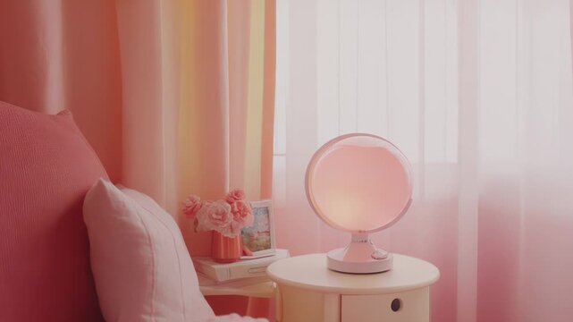 Pink bedroom featuring a soft glowing lamp on a round bedside table, creating a cheerful atmosphere next to the bed with a comfortable headboard and pillows