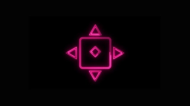 Glowing neon pink square with diamond and four surrounding triangles animation on a black background, directional controls, UI element, navigation, or gaming interface