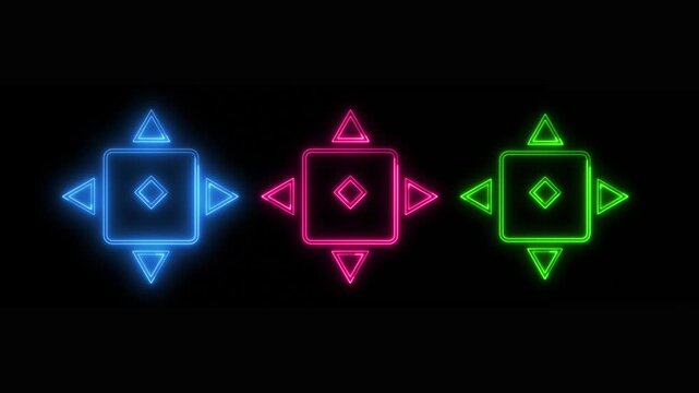 Collection of glowing neon control panel elements with arrows and squares in blue, pink, and green, gaming interface, directional controls, interactive ux, or technology navigation