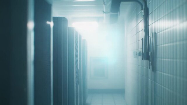 Endless row of servers creating a data center corridor with powerful networking hardware, symbolizing digital information, cloud computing, and advanced internet technology infrastructure
