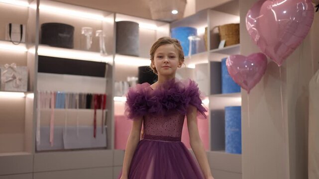 Teenage girl in a tulle dress in a stylish boutique interior. Concept of a child in a festive outfit.