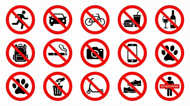 Grid of sixteen prohibition signs with red circles and diagonal lines, depicting restrictions like no smoking, no phones, no dogs, no alcohol, and no vehicles.