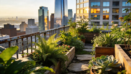 Fototapeta premium Realistic urban rooftop garden with lush vegetation and a city skyline in the background