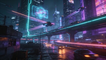 Obraz premium A realistic view of a futuristic city at night, lit up by neon lights
