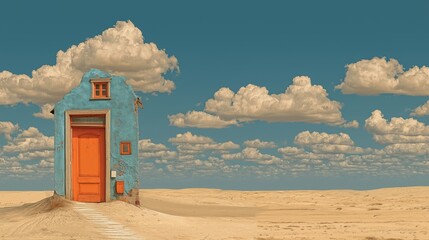 Fototapeta premium Colorful house featuring an orange door and blue walls, standing isolated in a vast desert landscape under a clear sky with scattered clouds