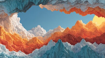 Obraz premium Abstract layered mountains forming a vibrant cave opening, looking out to a bright sun in a blue sky