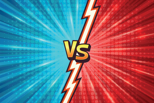 Comic Versus Vector Background. Versus Battle Screen. Versus vs Arena Split. Blue Red Halftone Burst Rays with Lightning Divider. Game Competition Banner Template, Dynamic Fighting Poster Backdrop