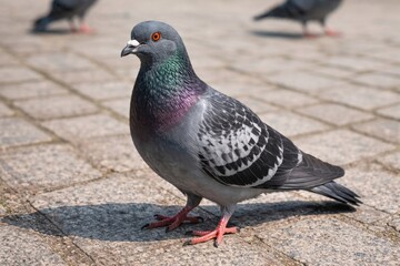 Obraz premium Urban rock dove perching on city pavement, observing surroundings, displaying iridescent neck plumage