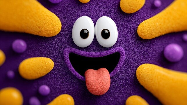 Happy purple fuzzy monster character with googly eyes and tongue out, surrounded by yellow blob shapes