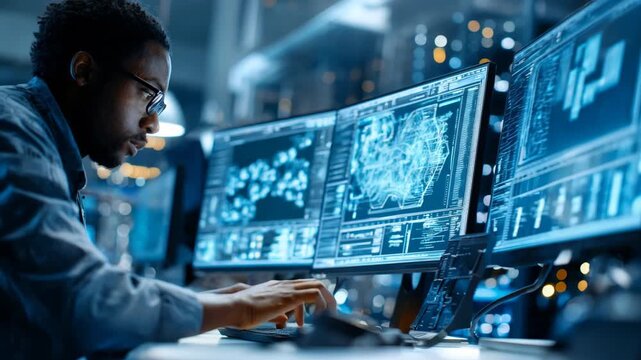 Technician analyzing digital evidence on multiple screens in a hightech lab scrutinizing data for cybercrime investigation.