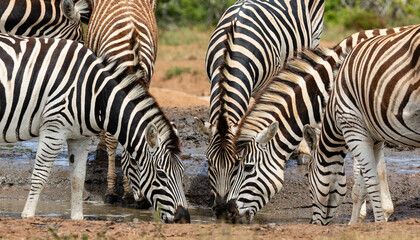 Naklejka premium Closeup of a group of zebras drinking water