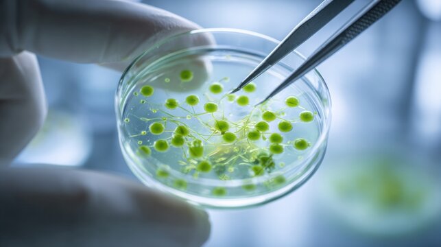 Close-up of green algae in petri dish held with tweezers in laboratory setting.