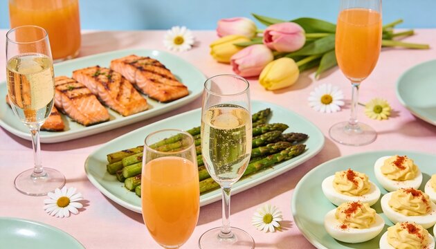 Easter brunch buffet. Salmon, asparagus, deviled eggs. Pastel tablecloth, mimosa glasses, scattered spring blossoms