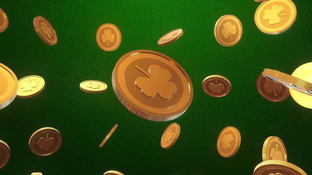 St. Patrick's Day gold coins falling from the sky on a green background