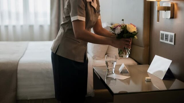 Room attendant organizing bedside items sharply in focus rest of the room gently blurred to show a morning reset atmosphere.